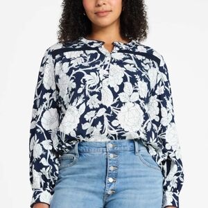 Time and Tru Lace Yoke Blouse Long Sleeve Floral Navy NWT, Casual, Work Top